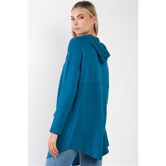 Blue Long Sleeve Open Front Hooded Cardigan - Picture 3 of 4